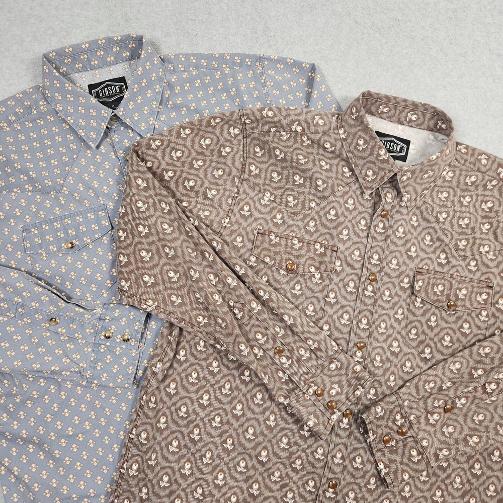 Gibson Trading Shirts (2) Medium Blue Brown Pearl Snap Geometric Western Rodeo